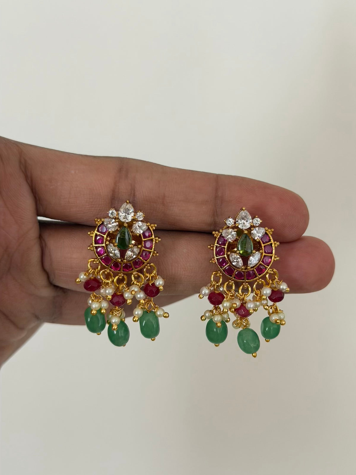 Round Ruby Kemp Stud Earrings with CZ Crown and Mint Green Bead Drops