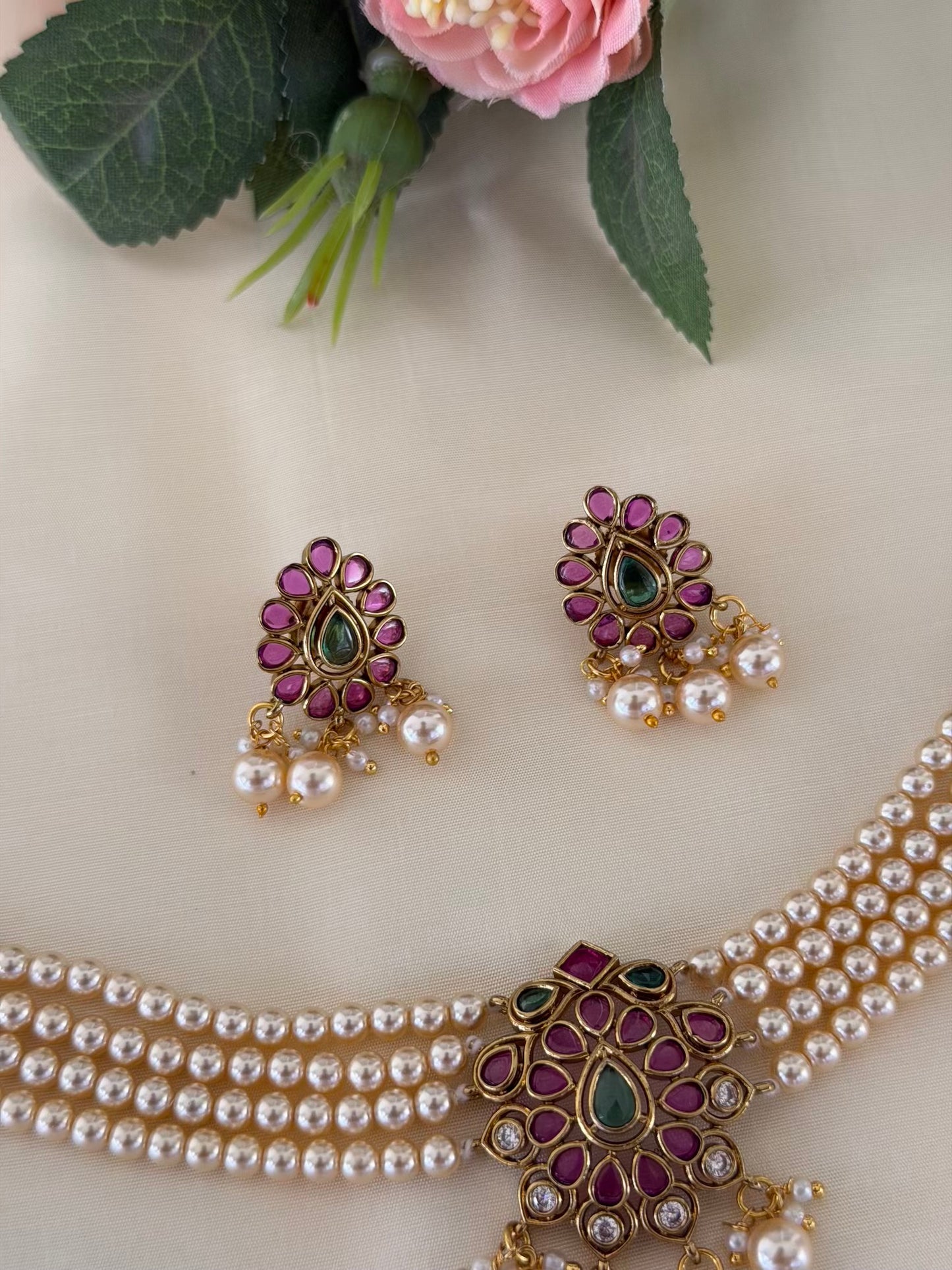 Triple Strand Pearl Floral Necklace Set with Matching Earrings