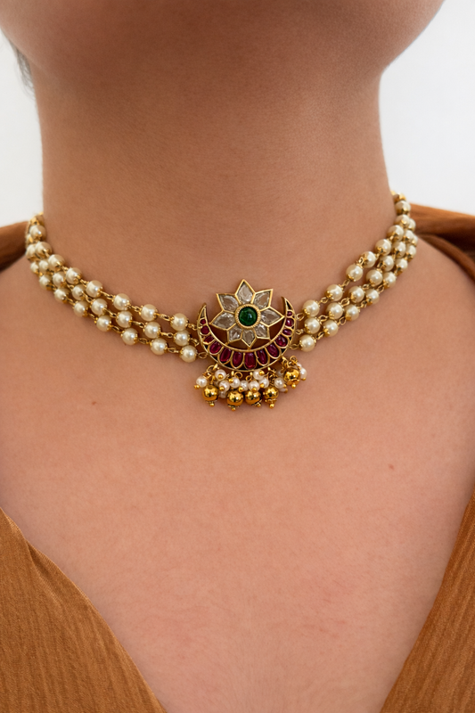 Ruby Green Floral Choker Set with Pearls – Traditional Kundan Necklace & Earrings | MIJ Jewels