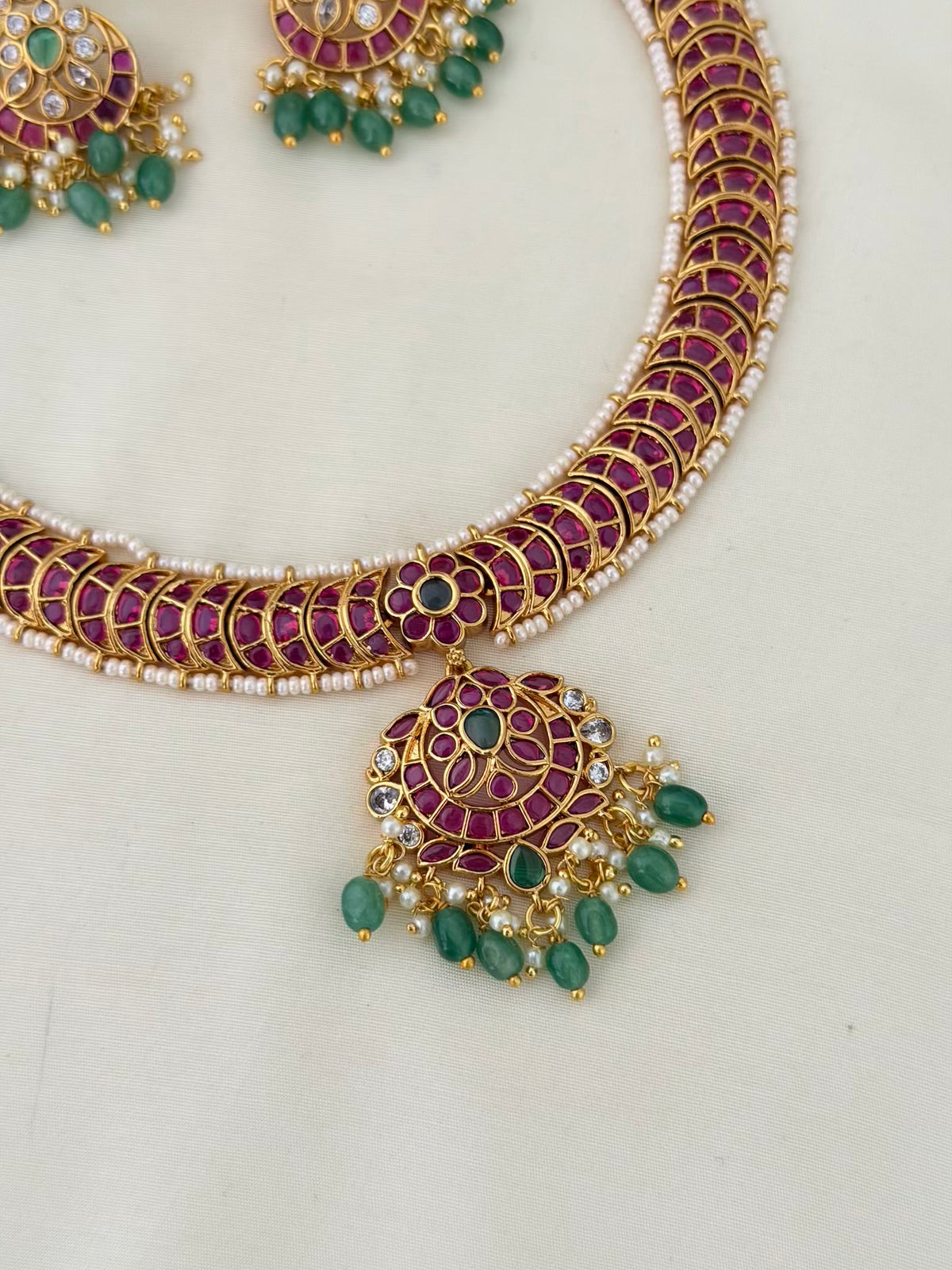 Kemp Crescent Short Necklace Set with Pearl Edge and Chaandbali Pendant