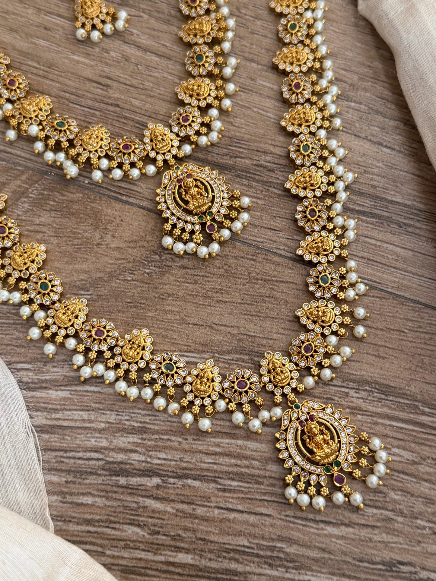 Grand Bridal Temple Jewelry Set with Long Haram & Maang Tikka