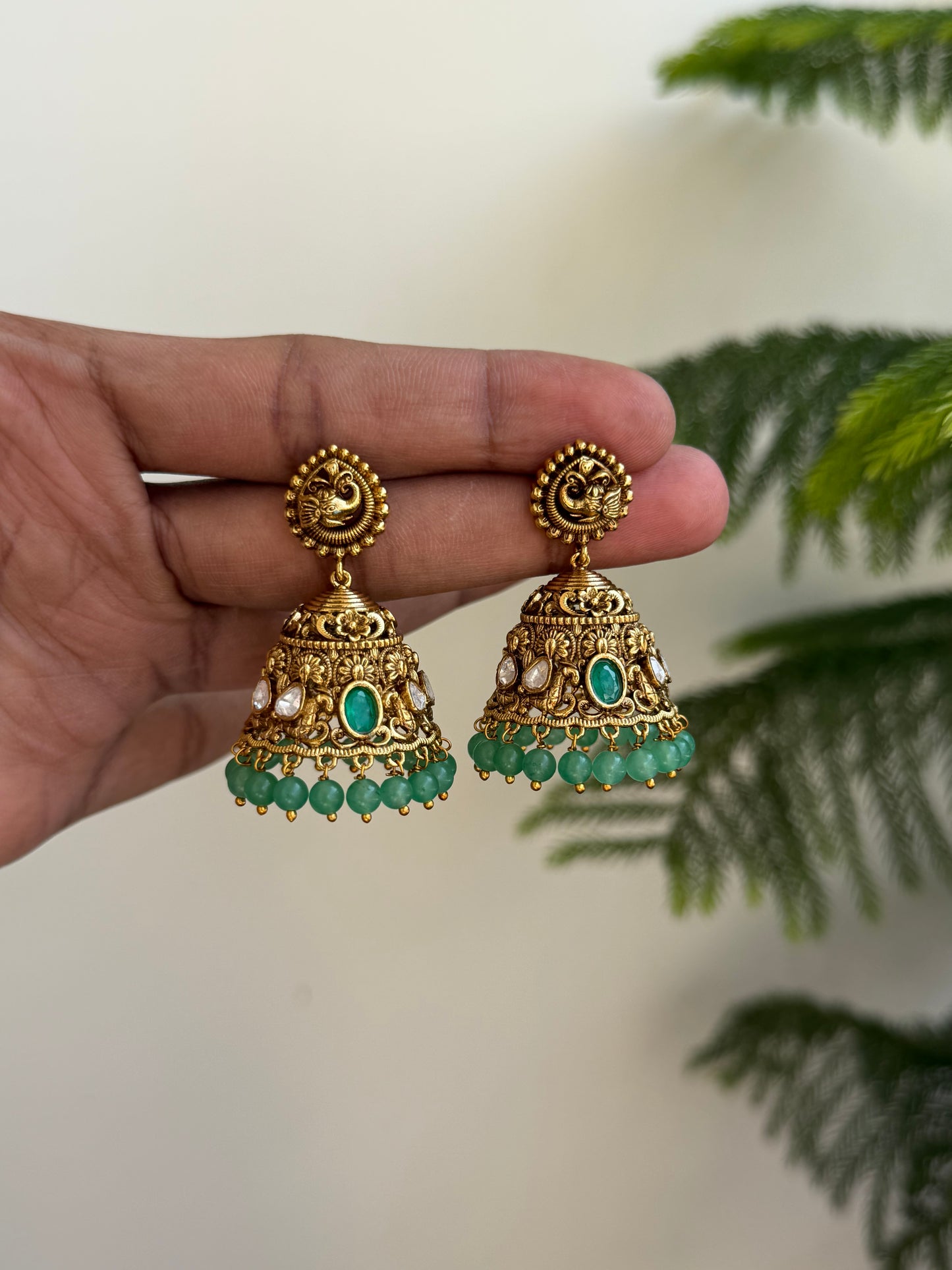 Antique Nakshi Moissonite Jhumka Earrings with Green Beads