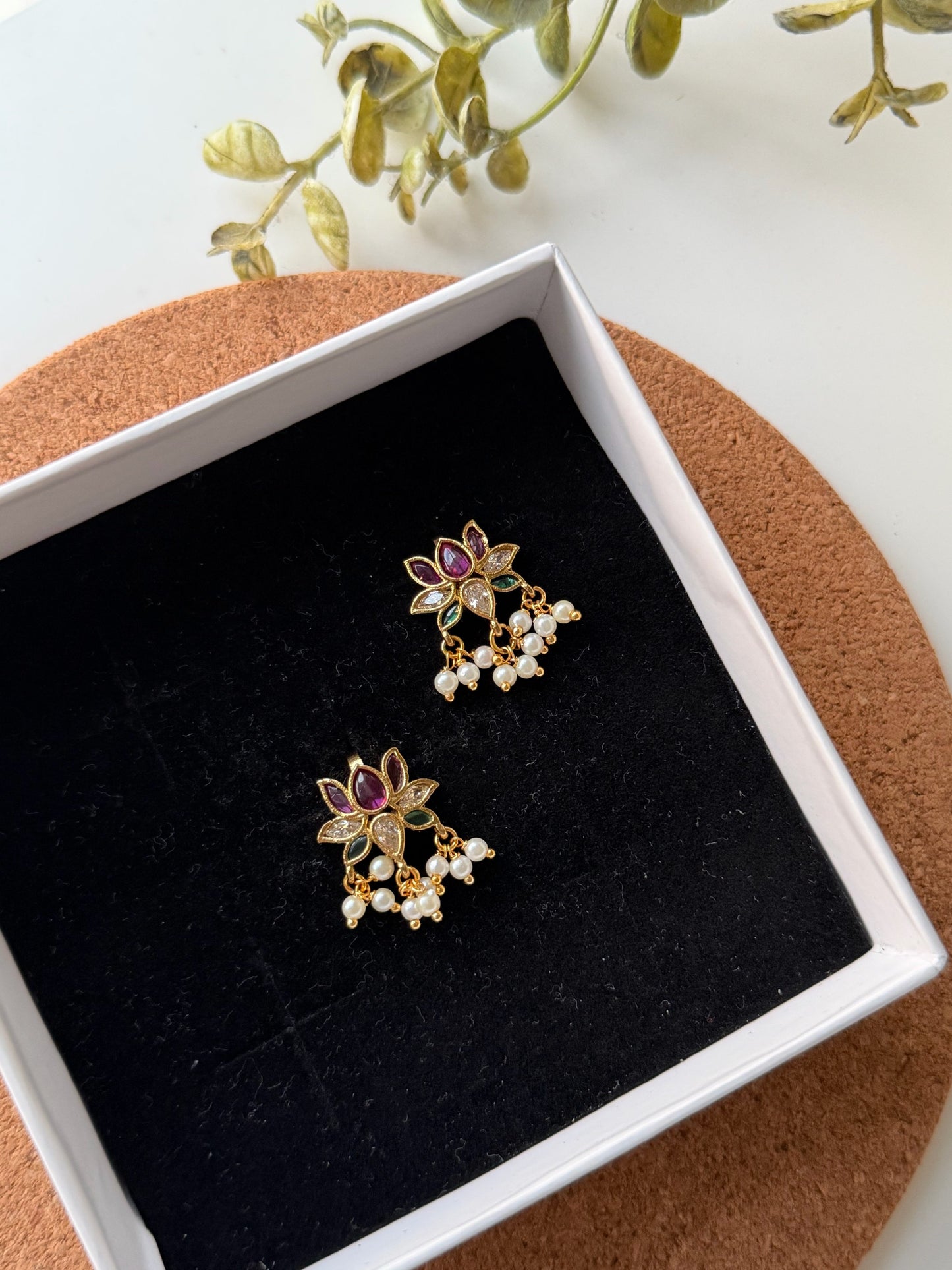 Elegant Lotus Motif Bugadi with Ruby Accents and Pearl Fringe