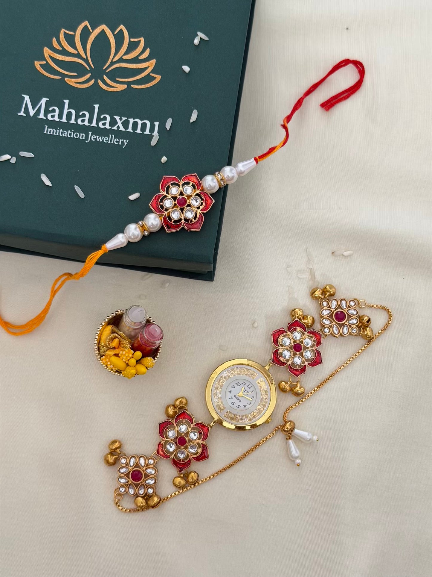 Red Kundan Meenakari Rakhi & Glitter Dial Bracelet Watch Combo
