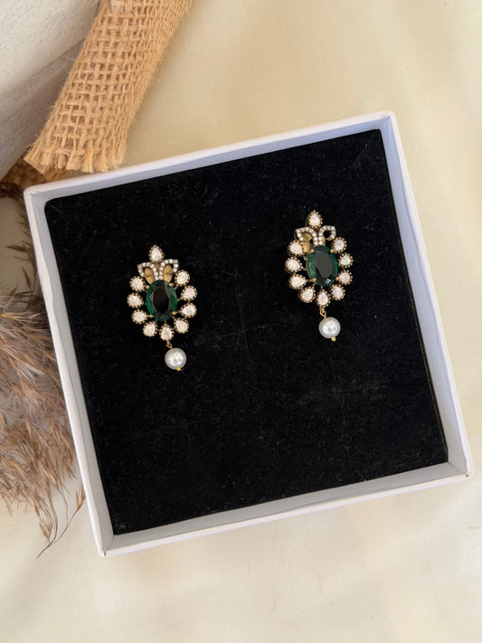Victorian Emerald Oval Stud Earrings with Zircon Petals and Pearl Drop