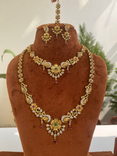 Sleek Peacock Necklace Set Combo - with earrings and maang tika