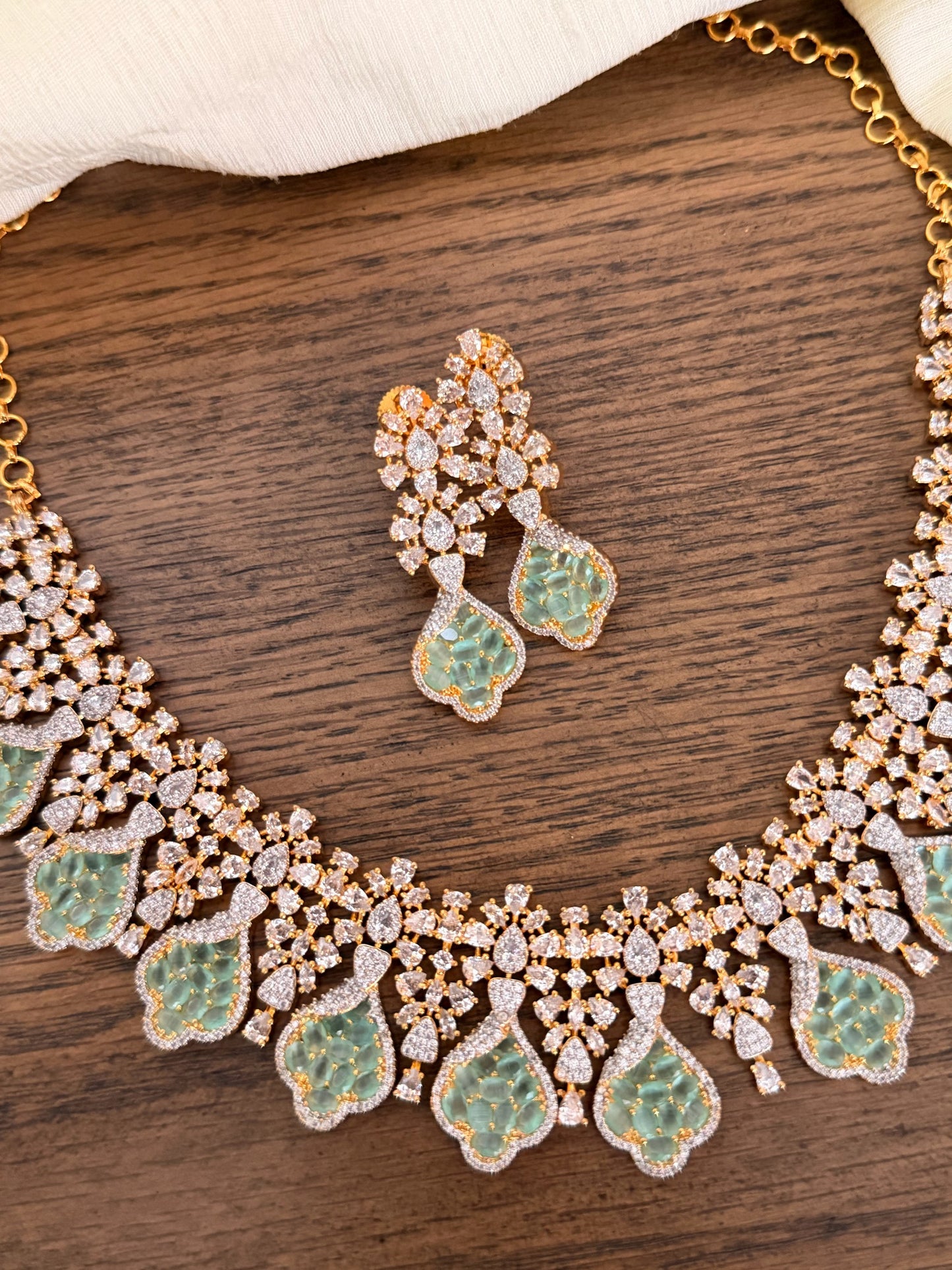 Designer Mint Green Stone & Necklace Set - Silver/Gold Polish Party Wear