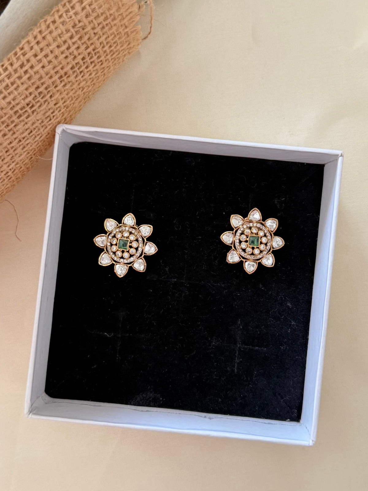 Moissanite Floral Stud Earrings with Square Centre Stone and Round Stone Halo