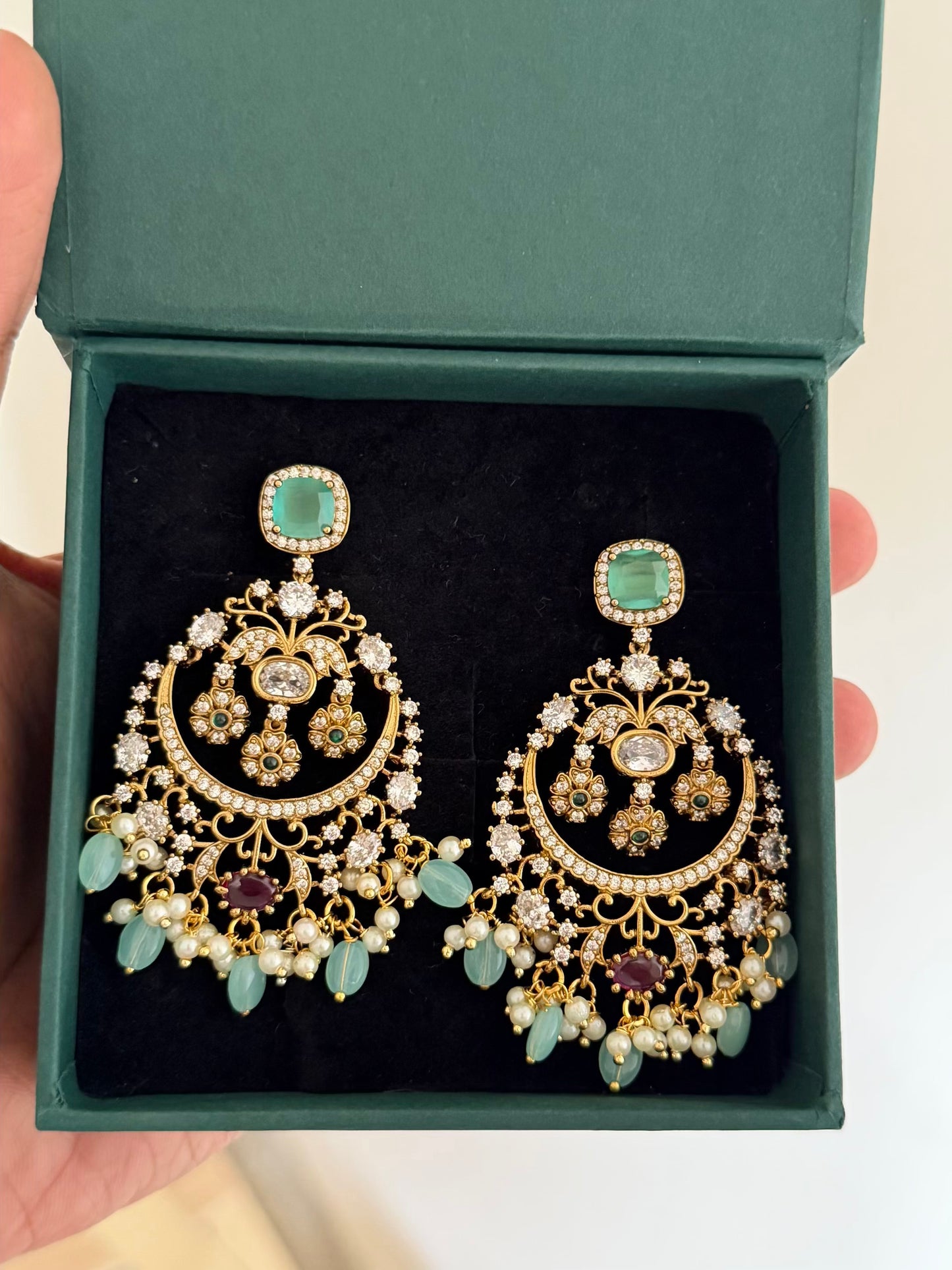 Moissanite Chaandbali Earrings with Pearls & Green Monalisa Beads