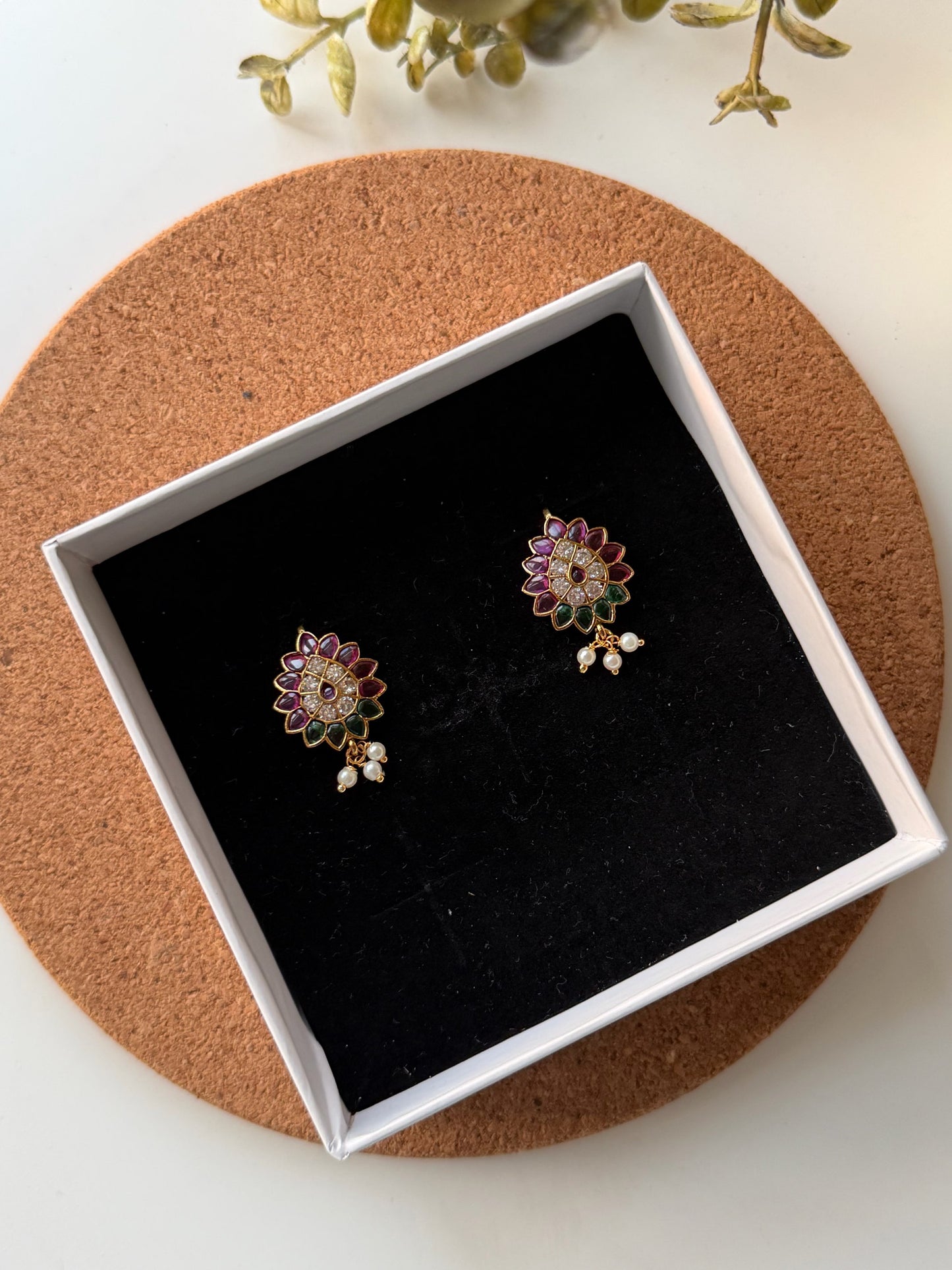 Traditional Kemp Stone Floral Bugadi with Delicate Pearl Drops