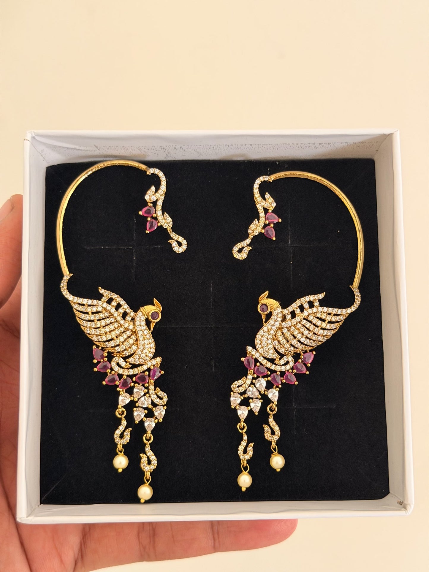Majestic Bird Statement Ear Cuffs | Crystal Pave & Pearl Bridal Earrings