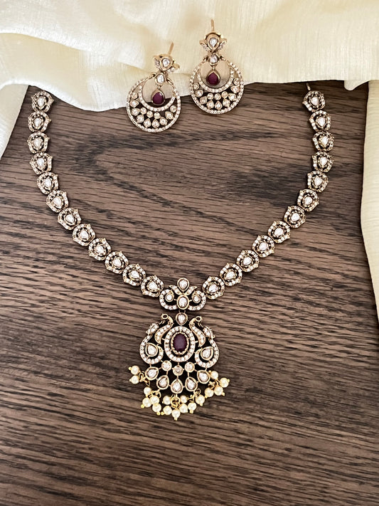 Victorian Peacock Necklace Set with Kundan Stones & Pearl Drops