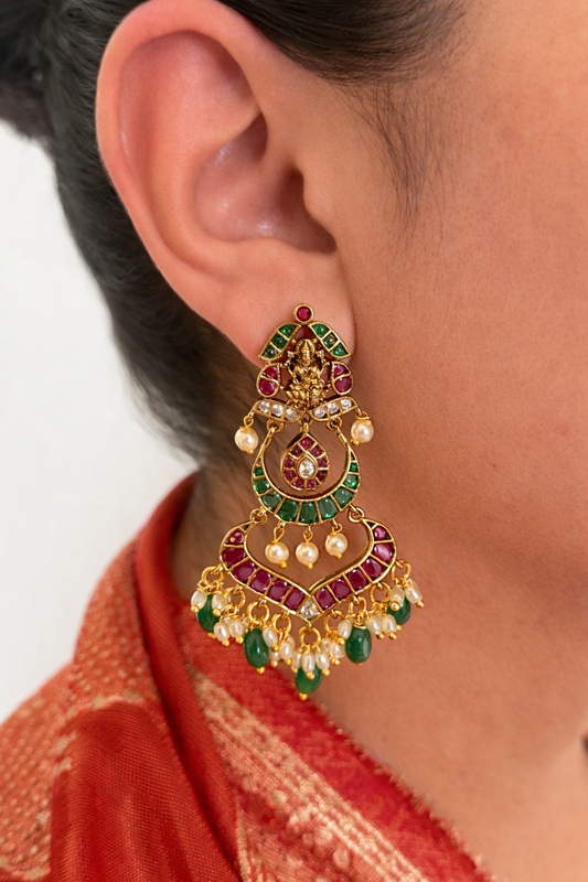 Tiered Kemp Stone Lakshmi Devi Chaandbali Earrings with Pearls
