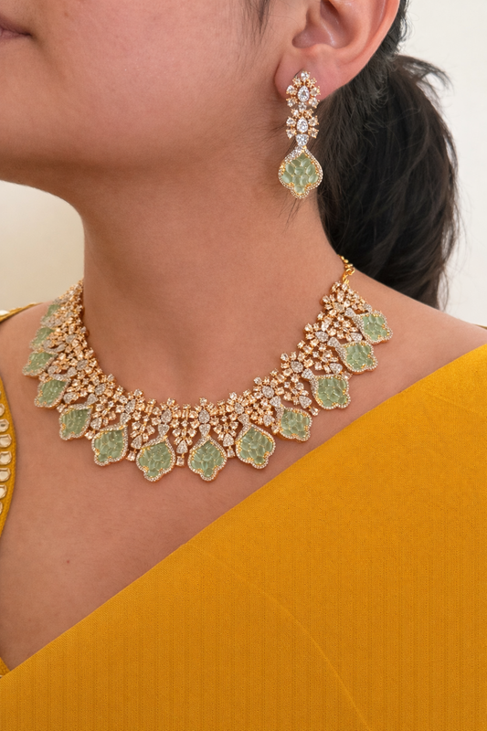 Designer Mint Green Stone & Necklace Set - Silver/Gold Polish Party Wear