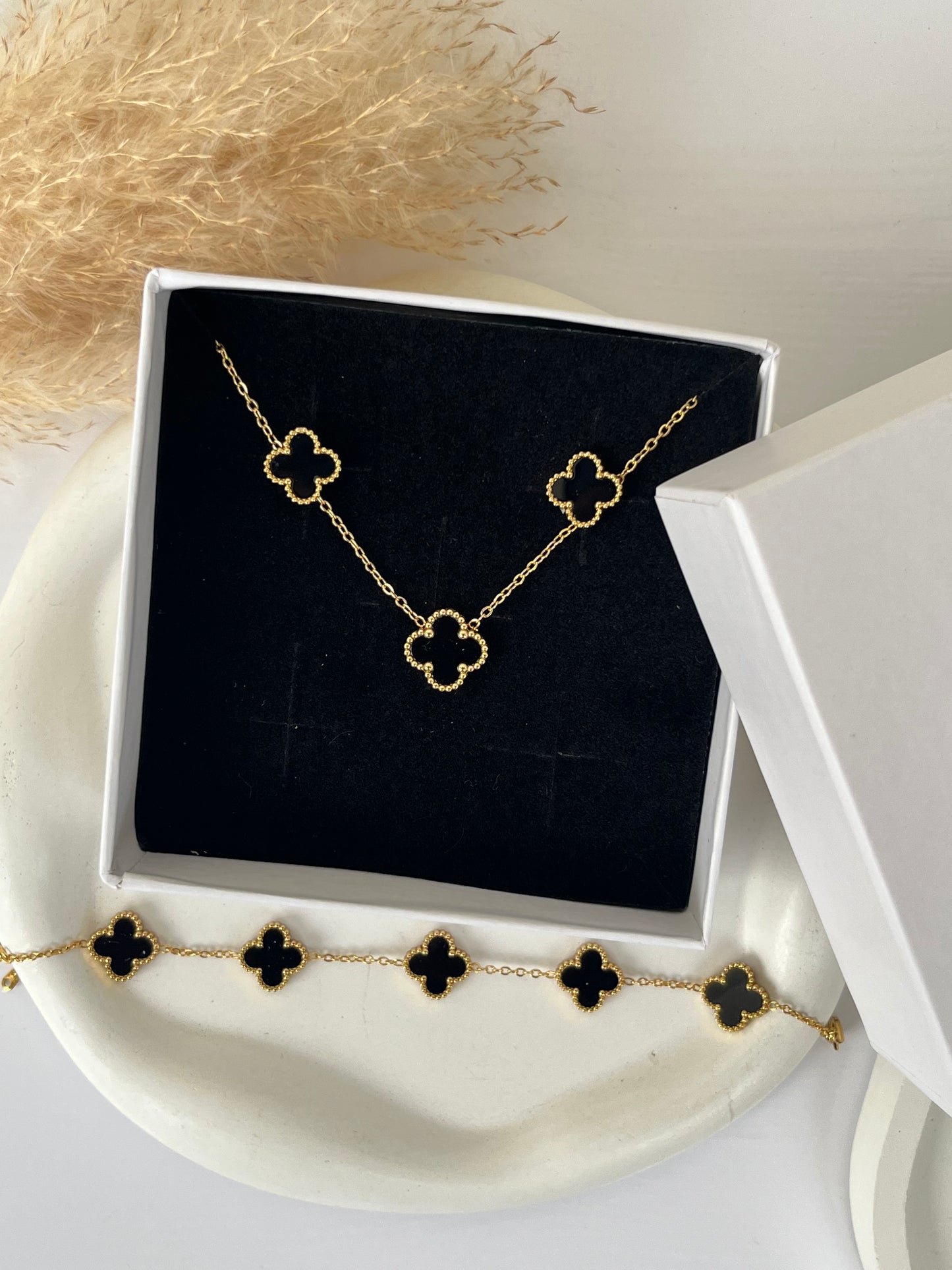Black Clover Rakhi Gift Combo – Necklace, Studs & Elsie Bracelet