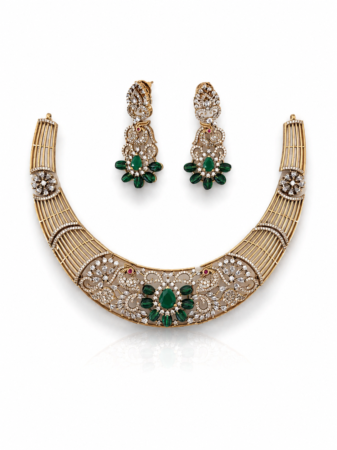 Emerald Peacock Kanti Necklace Set with Matching Earrings