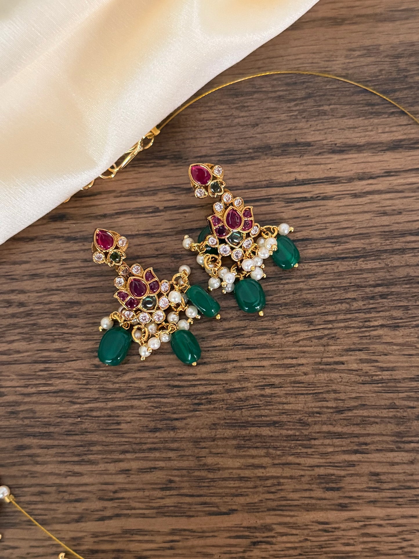 Lotus Motif Ruby & Emerald Invisible Chain Necklace with Pearl Drops