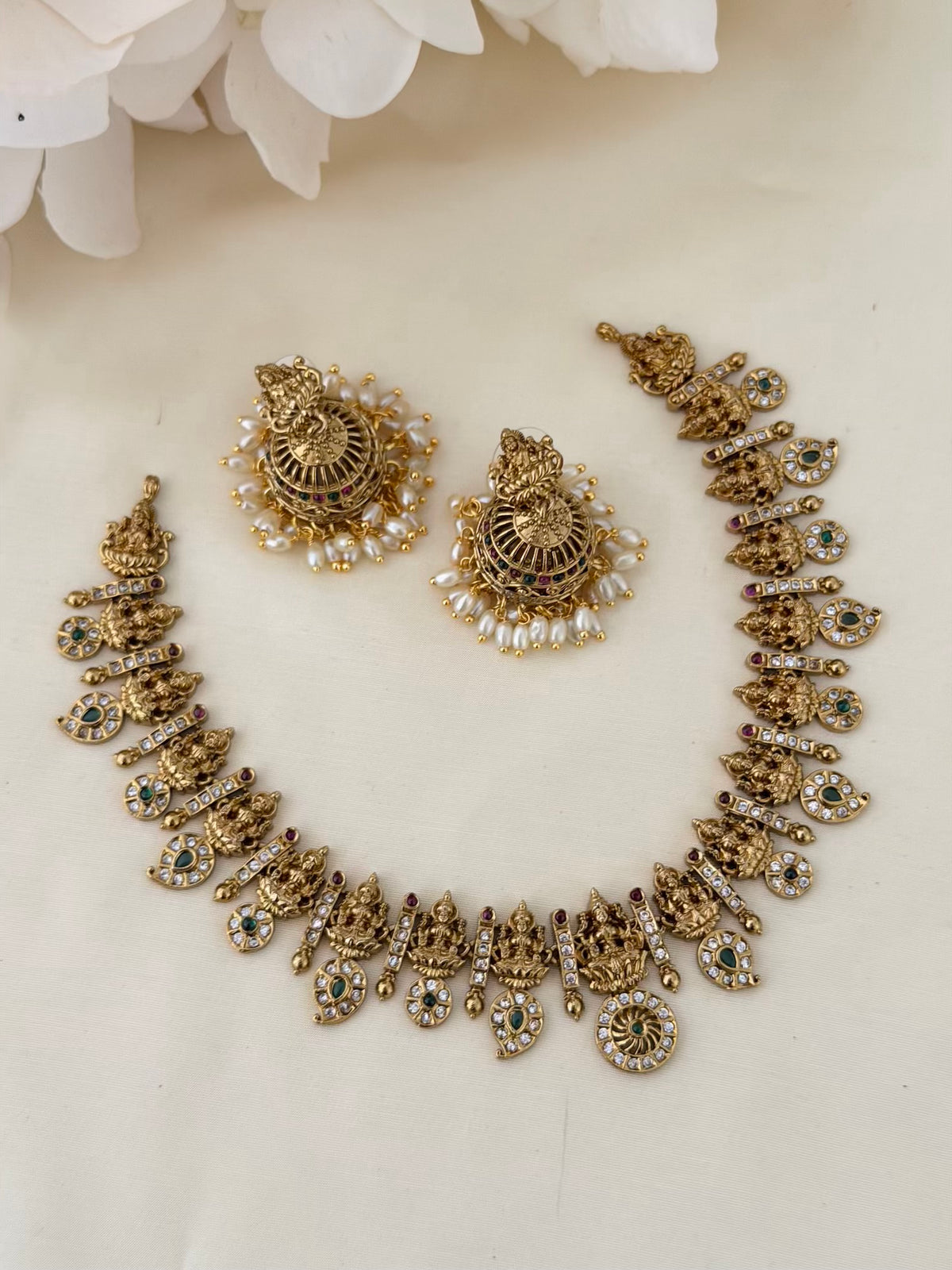 Nakshi Lakshmi Necklace Set with CZ Mango Motifs and Pearl Jhumka Earrings