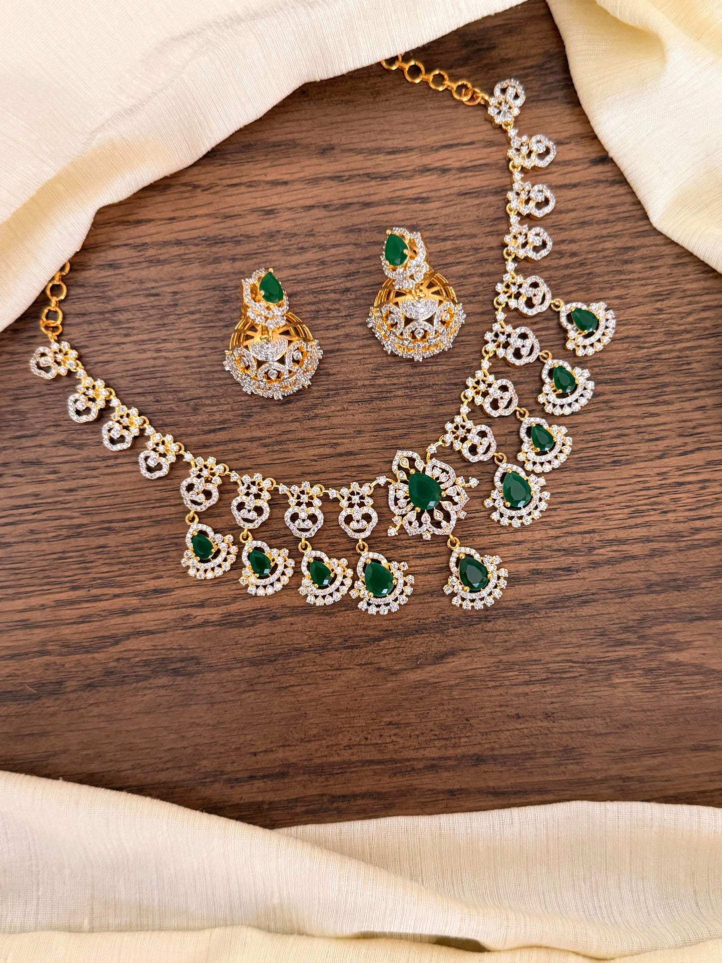 Ornate Emerald & CZ Diamond Necklace Set with Traditional Jhumka Earrings