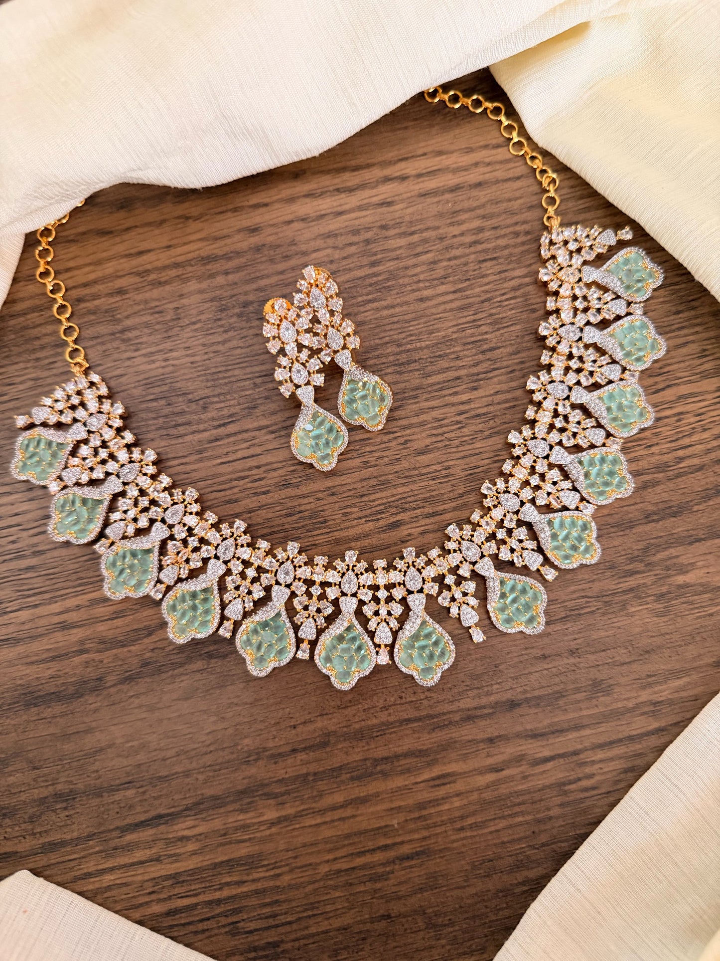 Designer Mint Green Stone & Necklace Set - Silver/Gold Polish Party Wear
