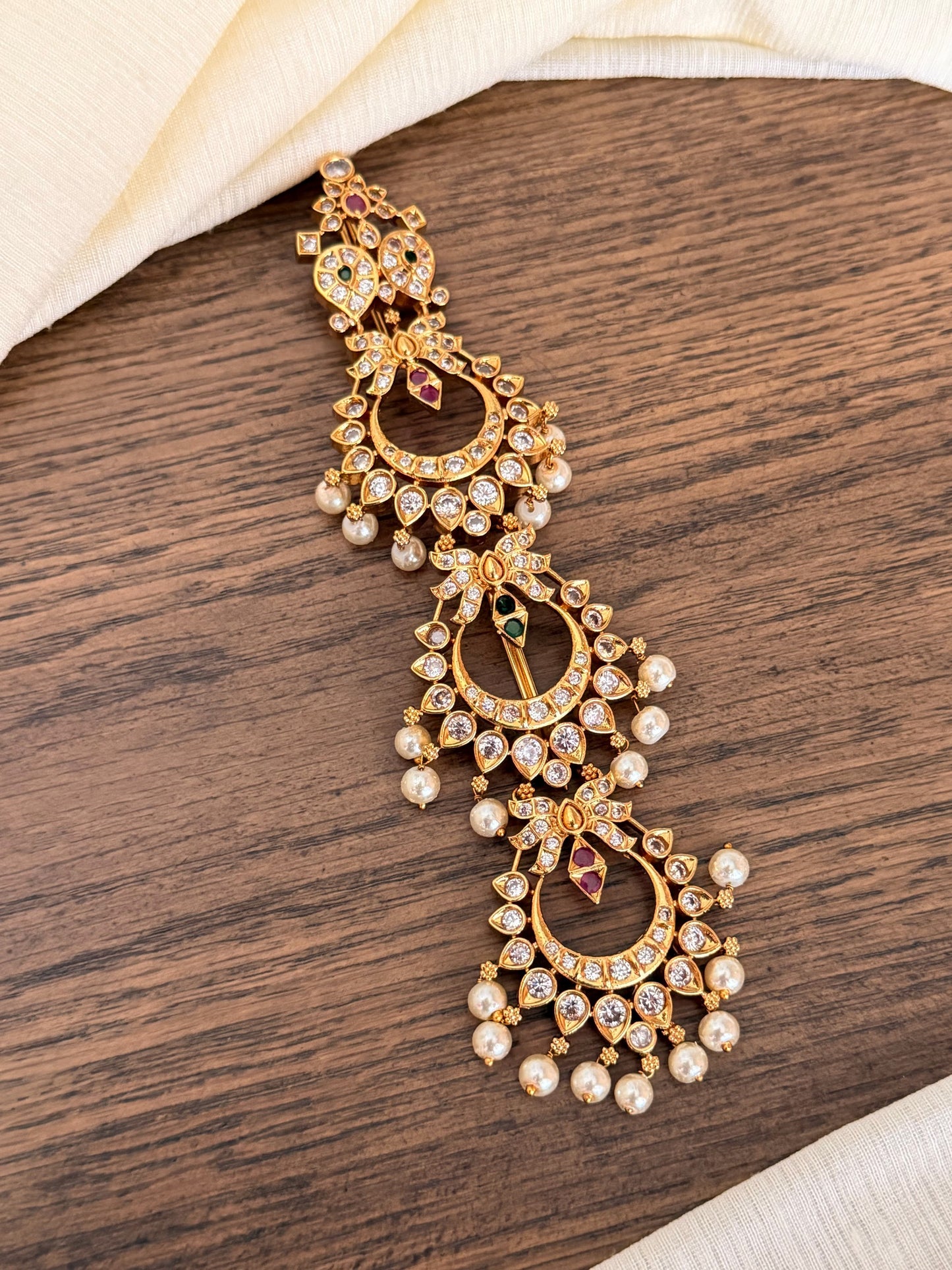 Traditional Gold-Look Short Jada with Pearls & Stone Work | Bridal Hair Jewellery
