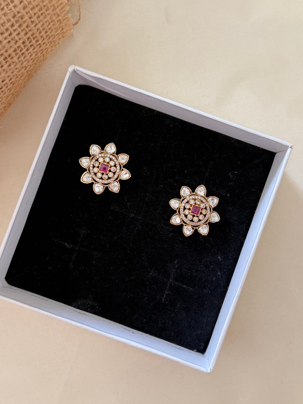 Moissanite Floral Stud Earrings with Square Centre Stone and Round Stone Halo