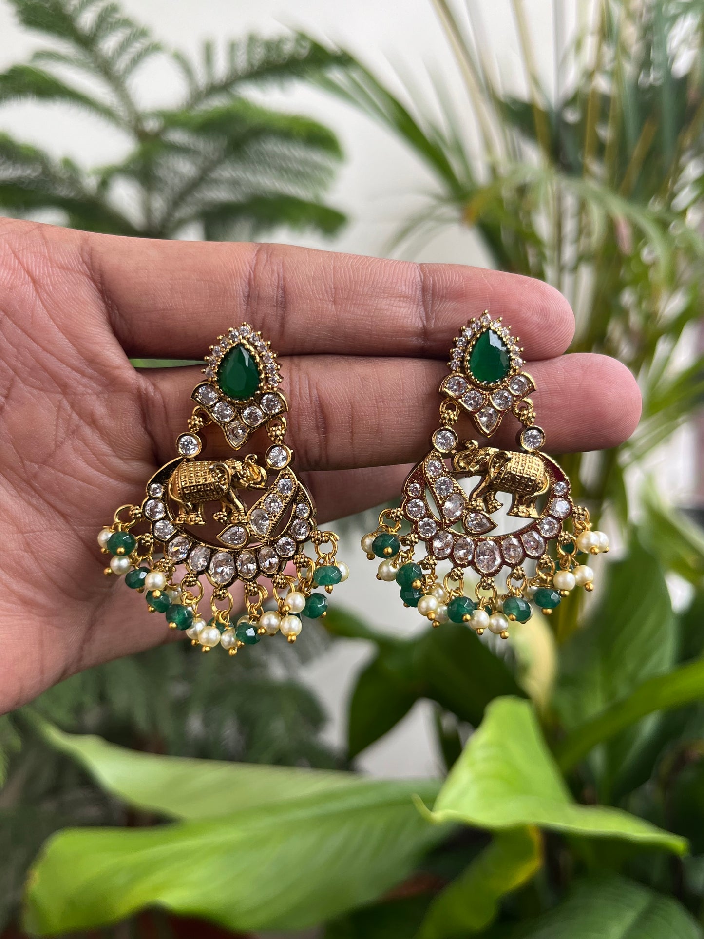 Studded Elephant Chaandbali Earrings - Pink and Mint