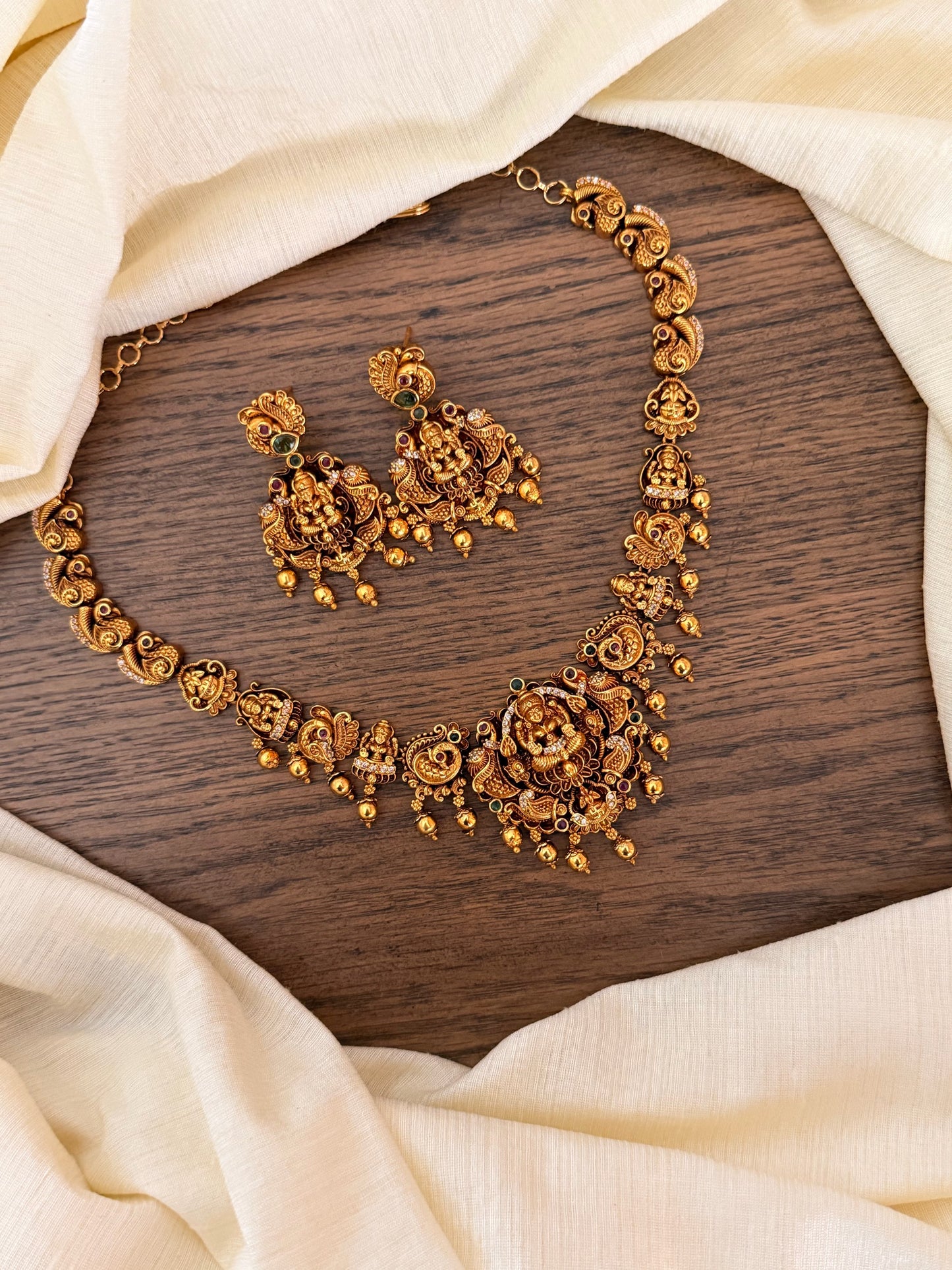 Premium Nakshi Temple Jewelry Set | Handcrafted Antique Gold Necklace with Kemp Stones and Nature-Inspired Motifs