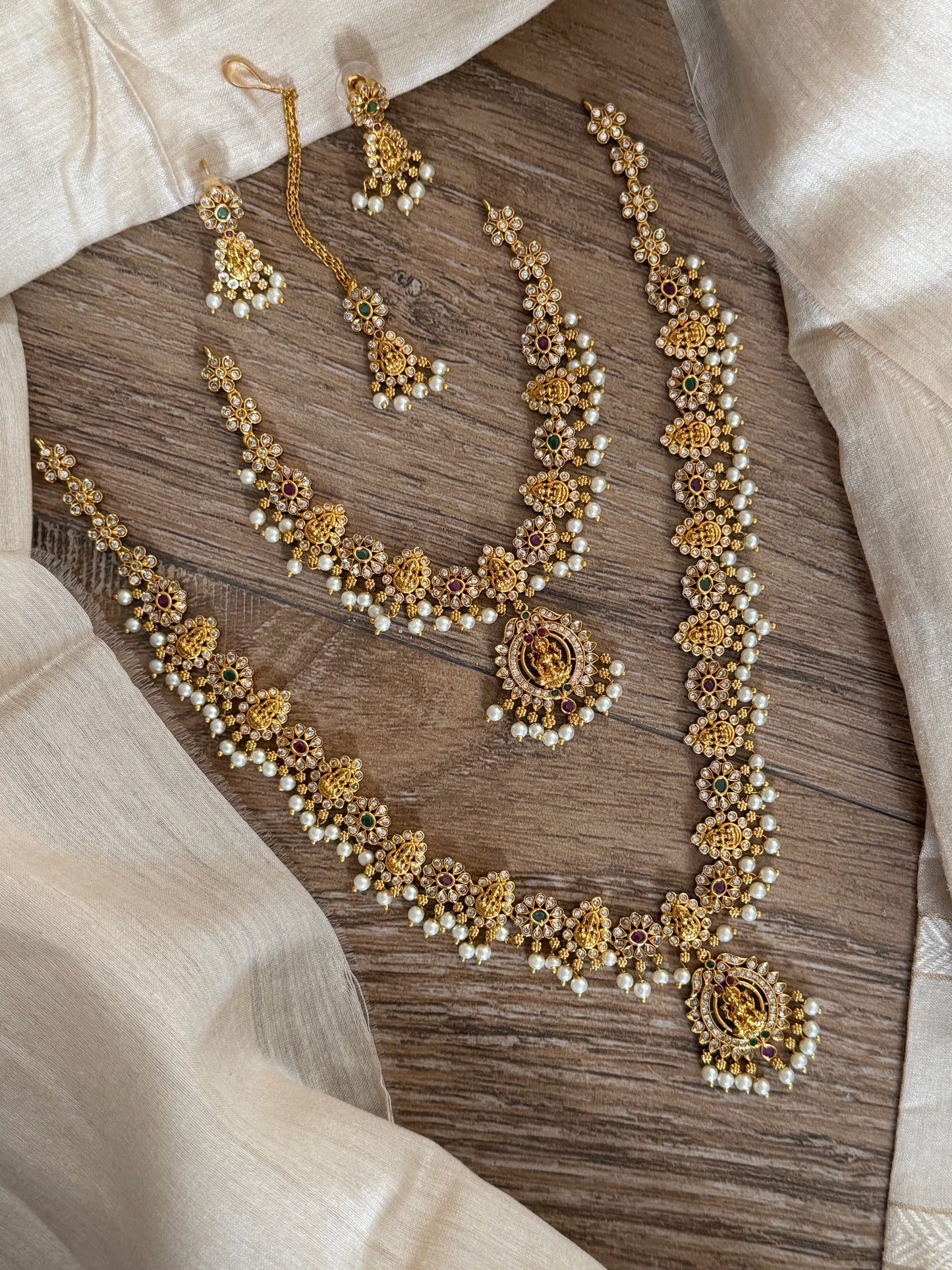 Grand Bridal Temple Jewelry Set with Long Haram & Maang Tikka