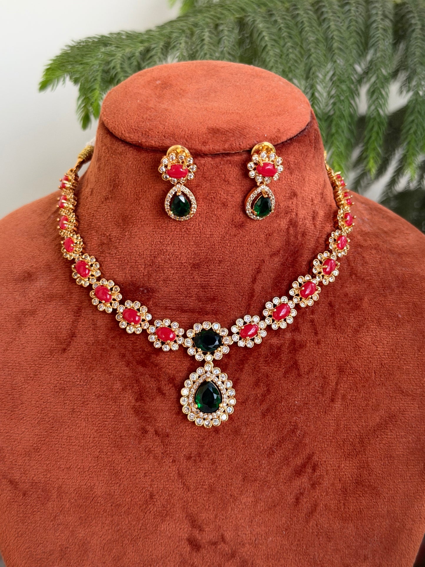 Grandeur Ruby & Emerald Sparkle Necklace Set - Traditional Temple Jewellery Inspired