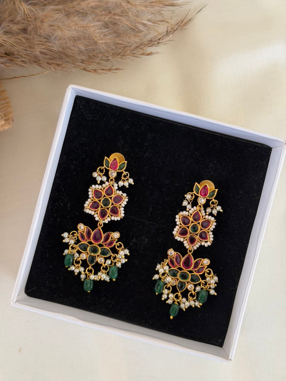 Ruby Emerald Floral Tiered Dangler Earrings with Bead Drops