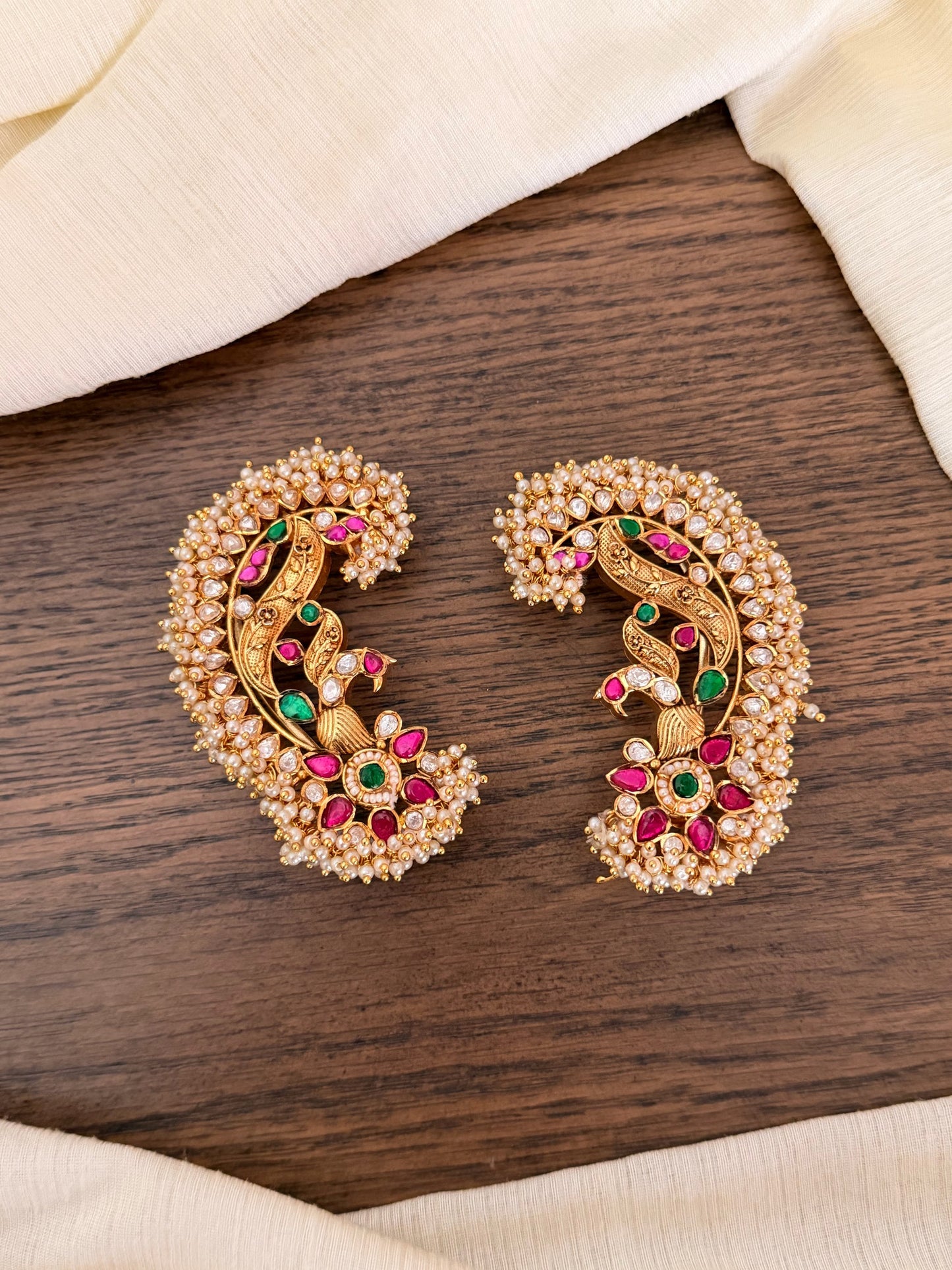 Luxury Jadau Kundan Ear Cuff Earrings with Pearls | Royal Peacock Design