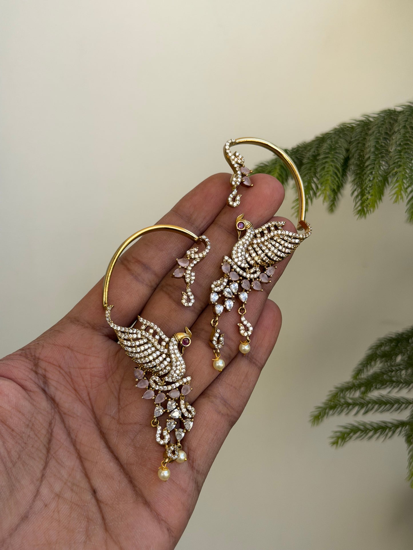 Majestic Bird Statement Ear Cuffs | Crystal Pave & Pearl Bridal Earrings