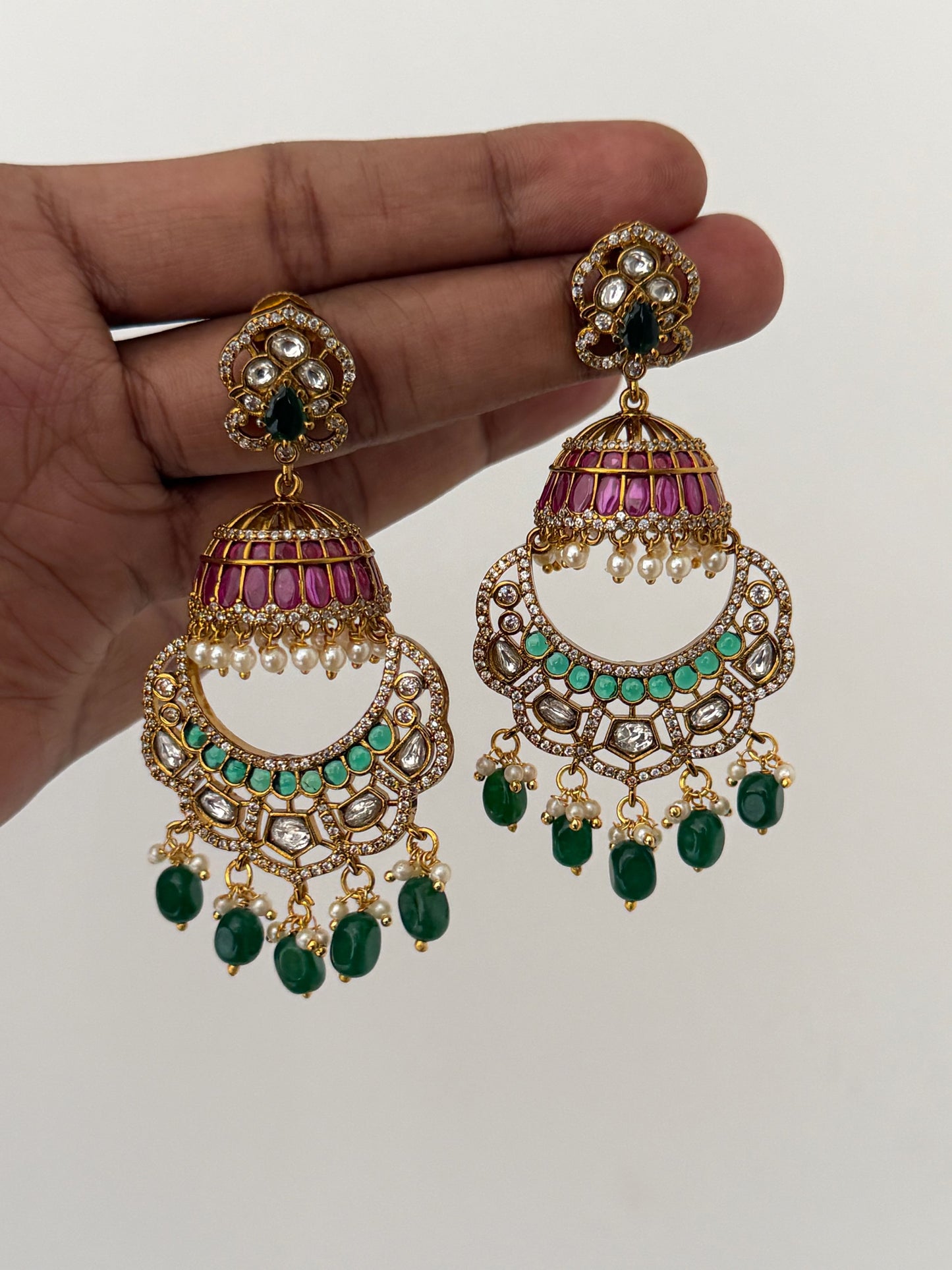 Handcrafted Ruby & Emerald Artisan Jhumkas – Premium Lightweight Design with High-Gloss Gold Finish