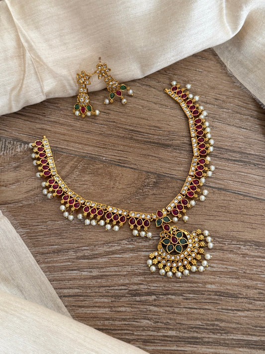 Traditional Antique Finish Ruby & Emerald Pearl-Drop Necklace