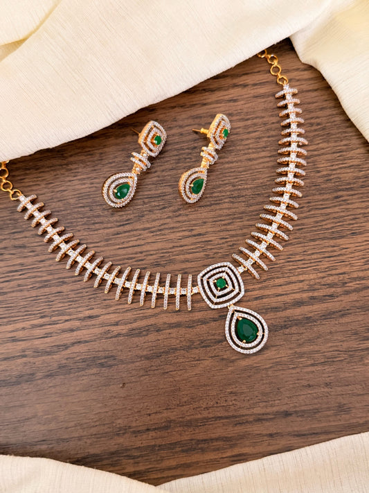 Designer Geometric CZ Diamond Necklace Set with Emerald Accents