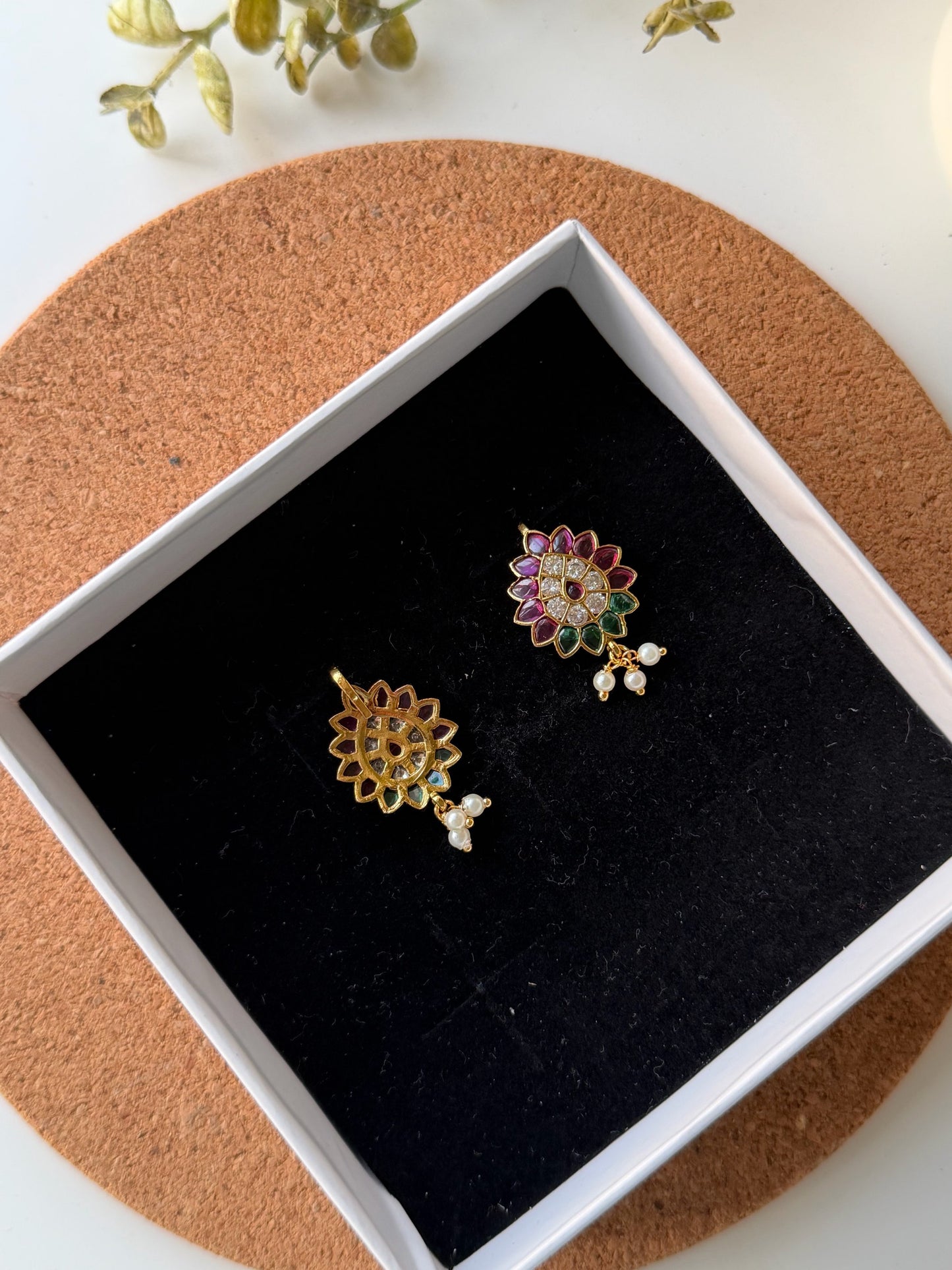 Traditional Kemp Stone Floral Bugadi with Delicate Pearl Drops