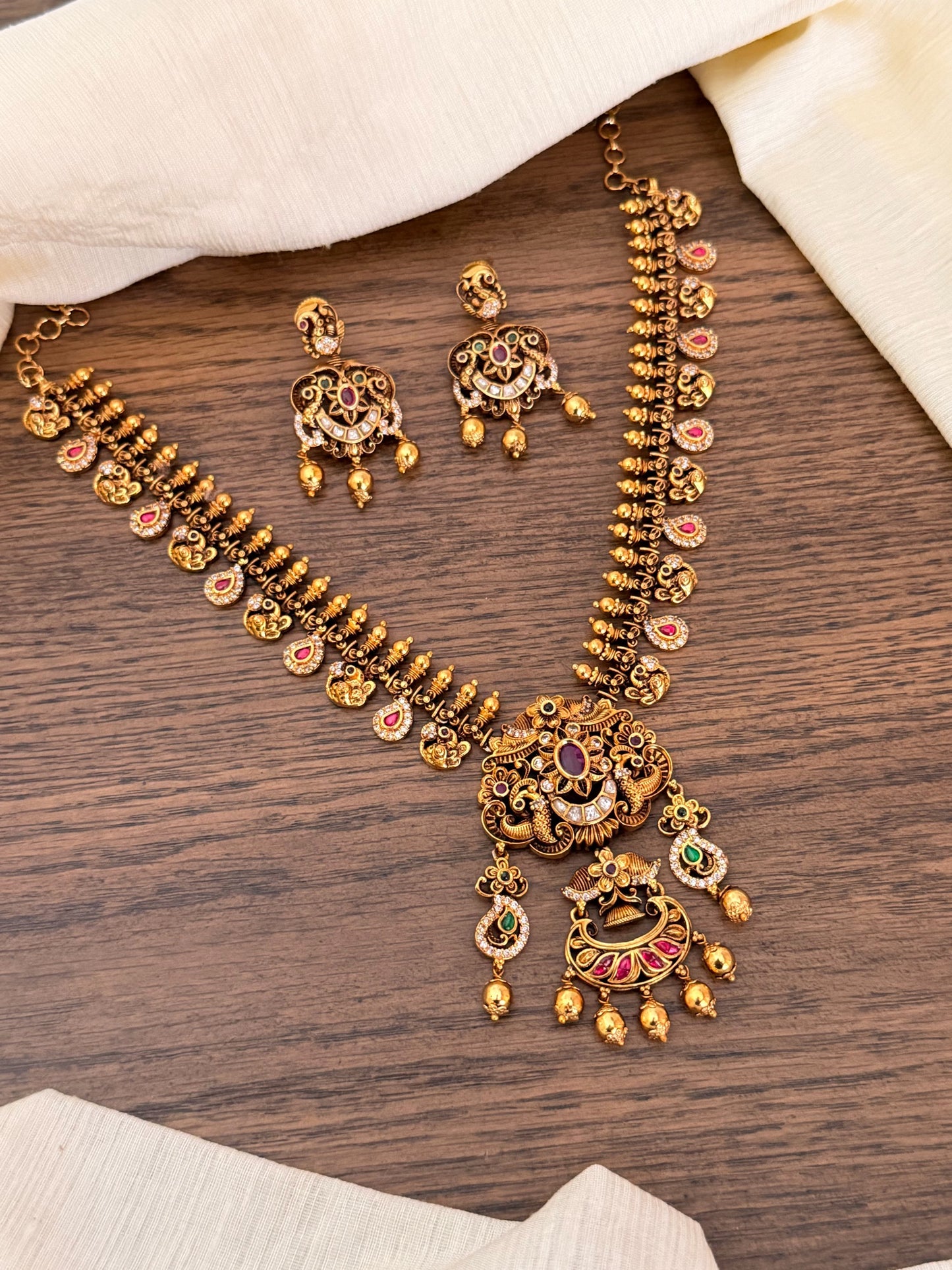 Royal Peacock Nakas Jewelry Set | Handcrafted Antique Gold Floral Necklace with Matching Earrings