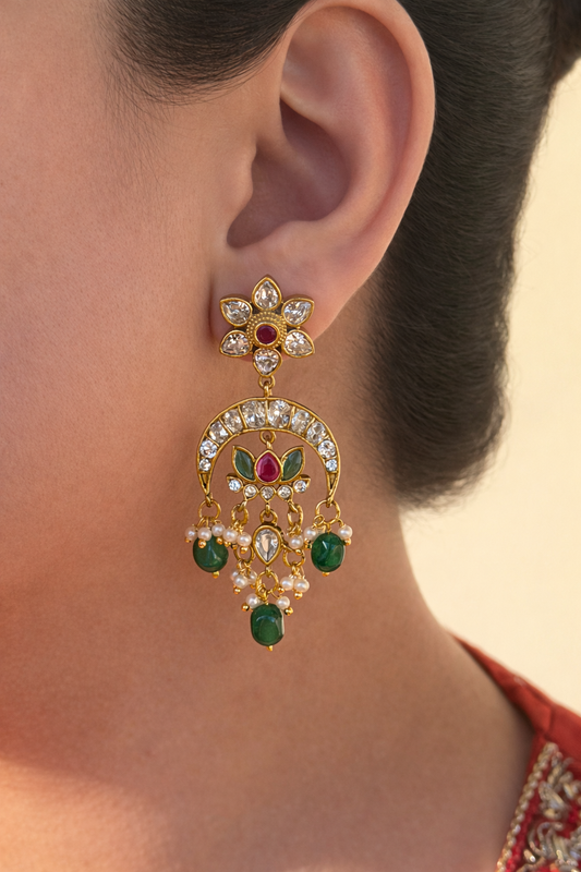 Traditional Chandbali Earrings with Emerald Green Beads & Pearls
