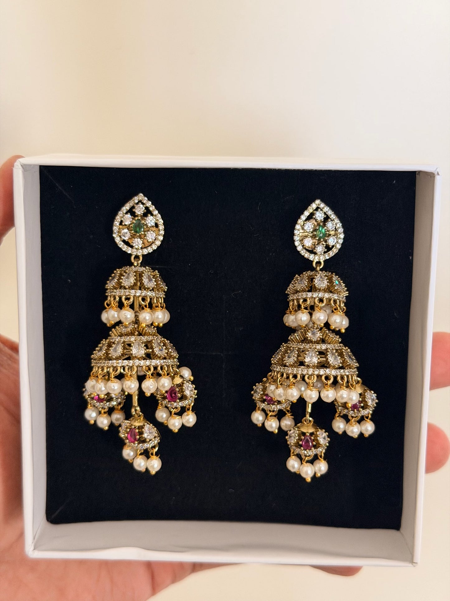 Double-Layered Pearl Moissonite Jhumka Earrings