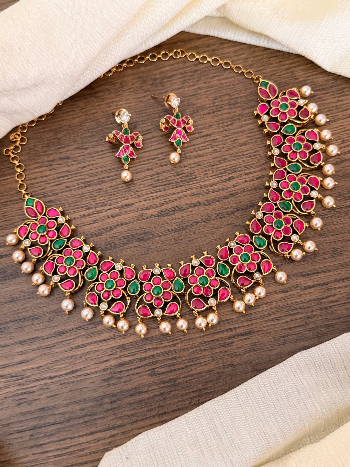 Grand Floral Jadau Kundan Necklace Set with Ruby & Emerald Stones