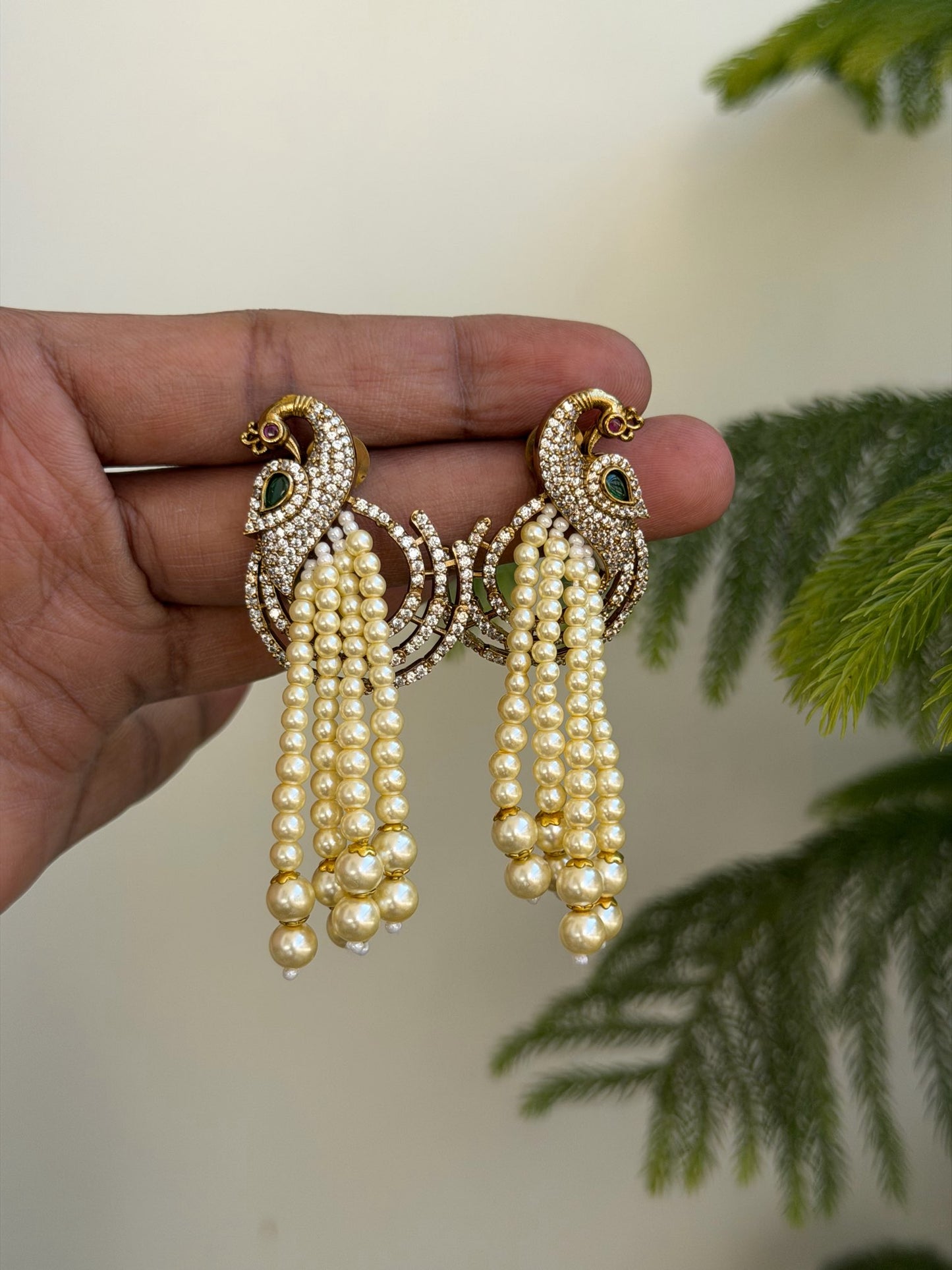 Royal Peacock Pearl Guchha Earrings with CZ Accents and Emerald Inlay
