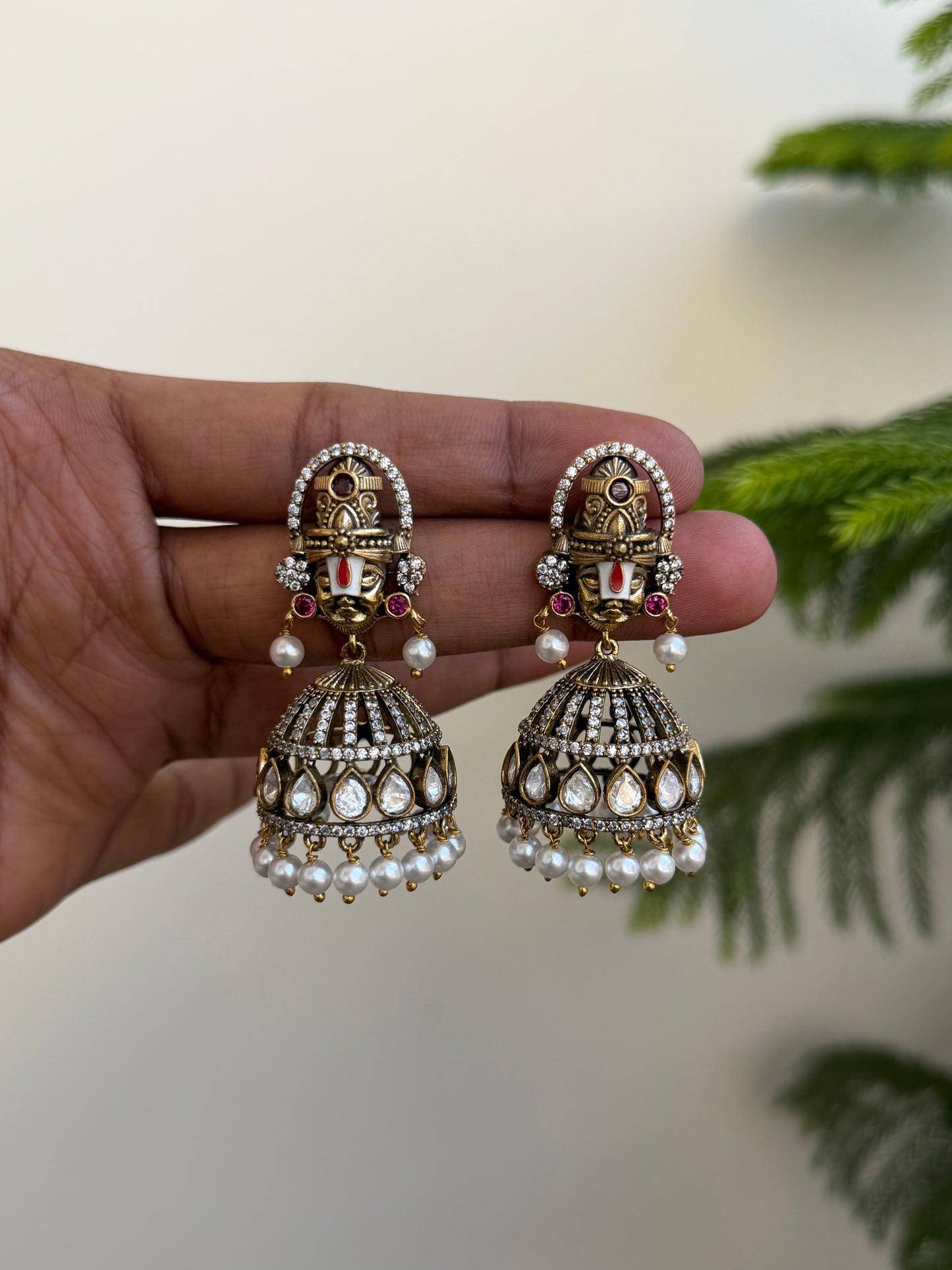 Moissonite Victorian Balaji Jhumka Earrings with Pearls