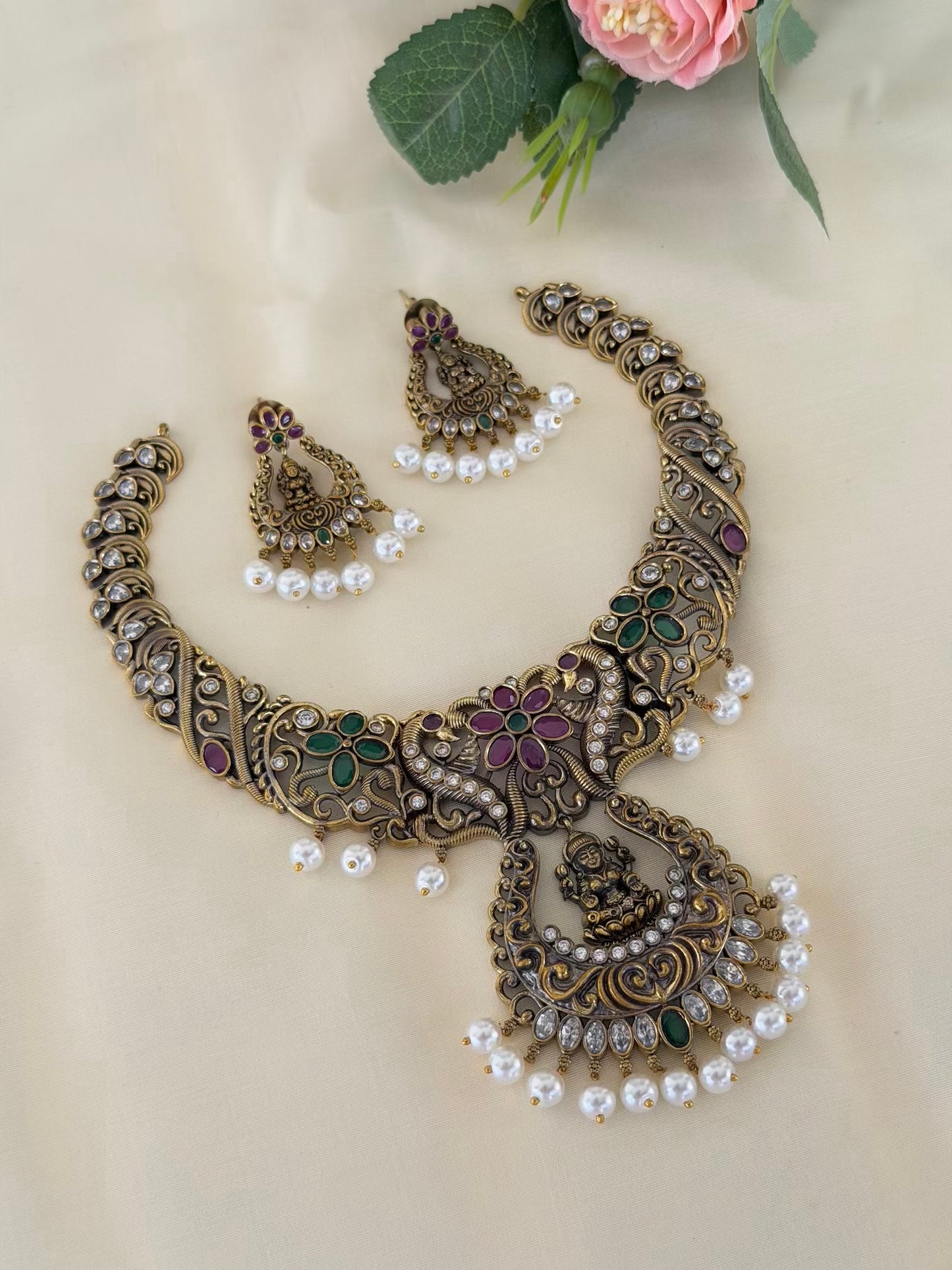 Antique Victorian Floral Lakshmi Necklace Set with Matching Earrings