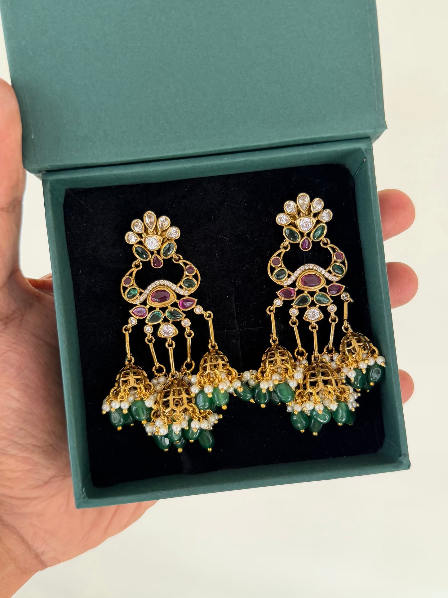 Flower Motif Chaandbali Earrings with Emerald & Ruby Accents, Green Bead Drops