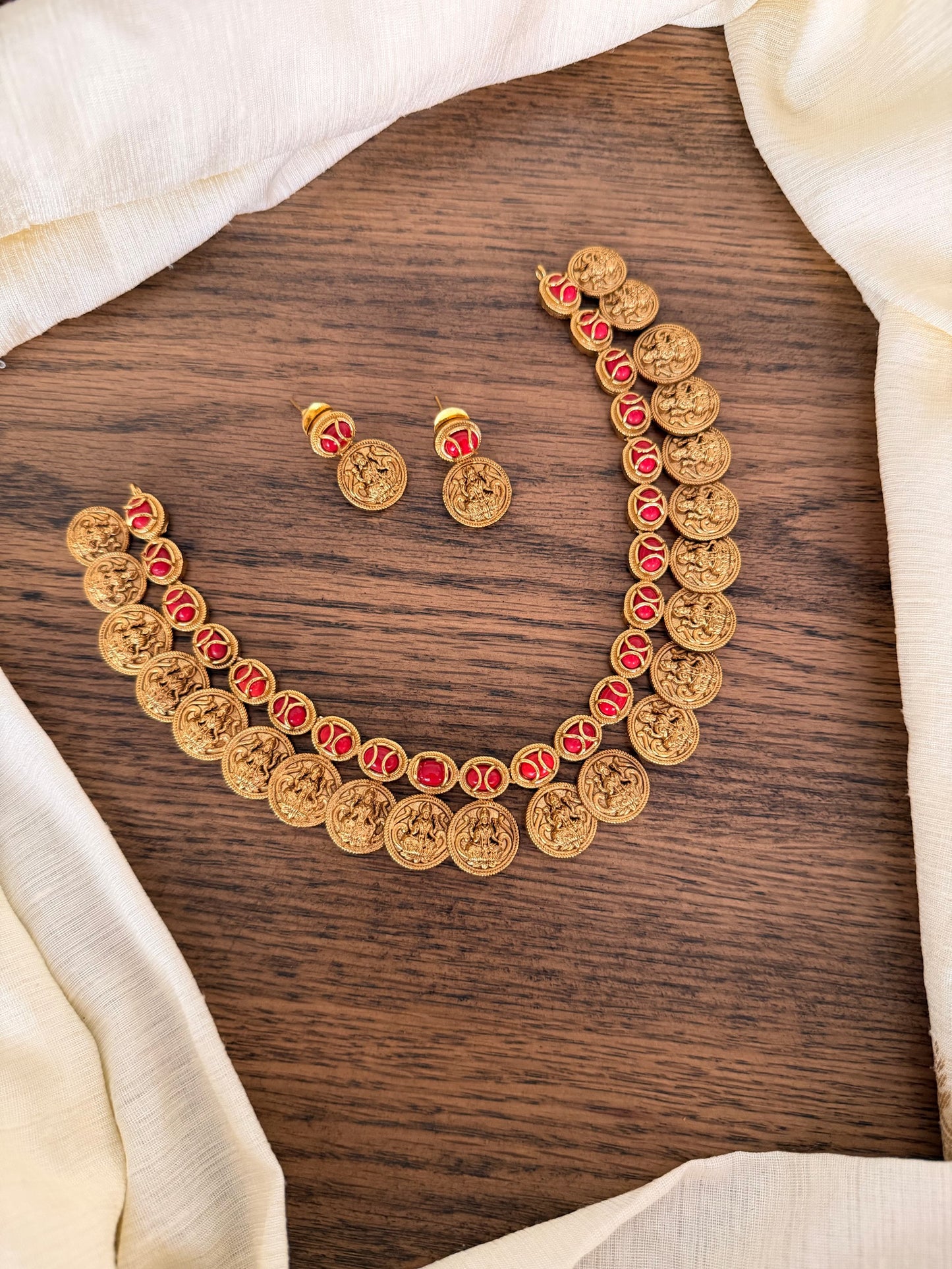 Traditional Coral Motif Coin Necklace Set in Brass – Festive Wear