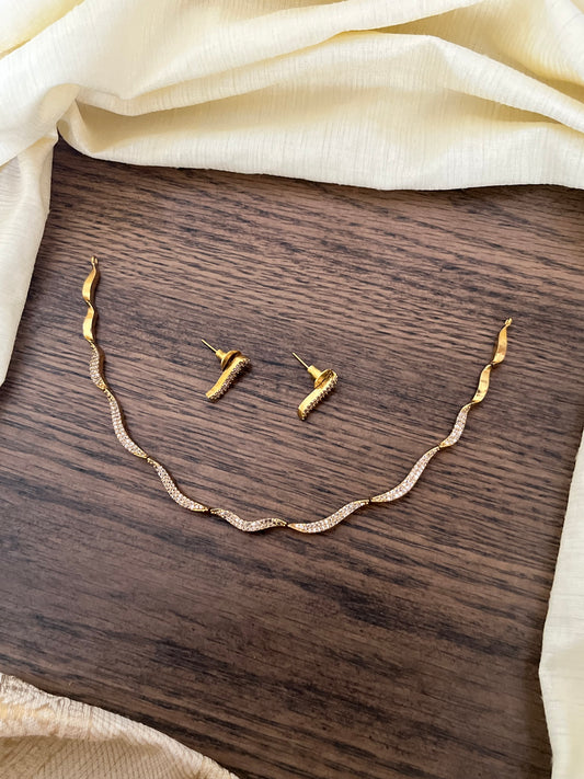 Sleek Wave-Design Gold Plated Necklace with Earrings | Minimalist Daily Wear Jewellery