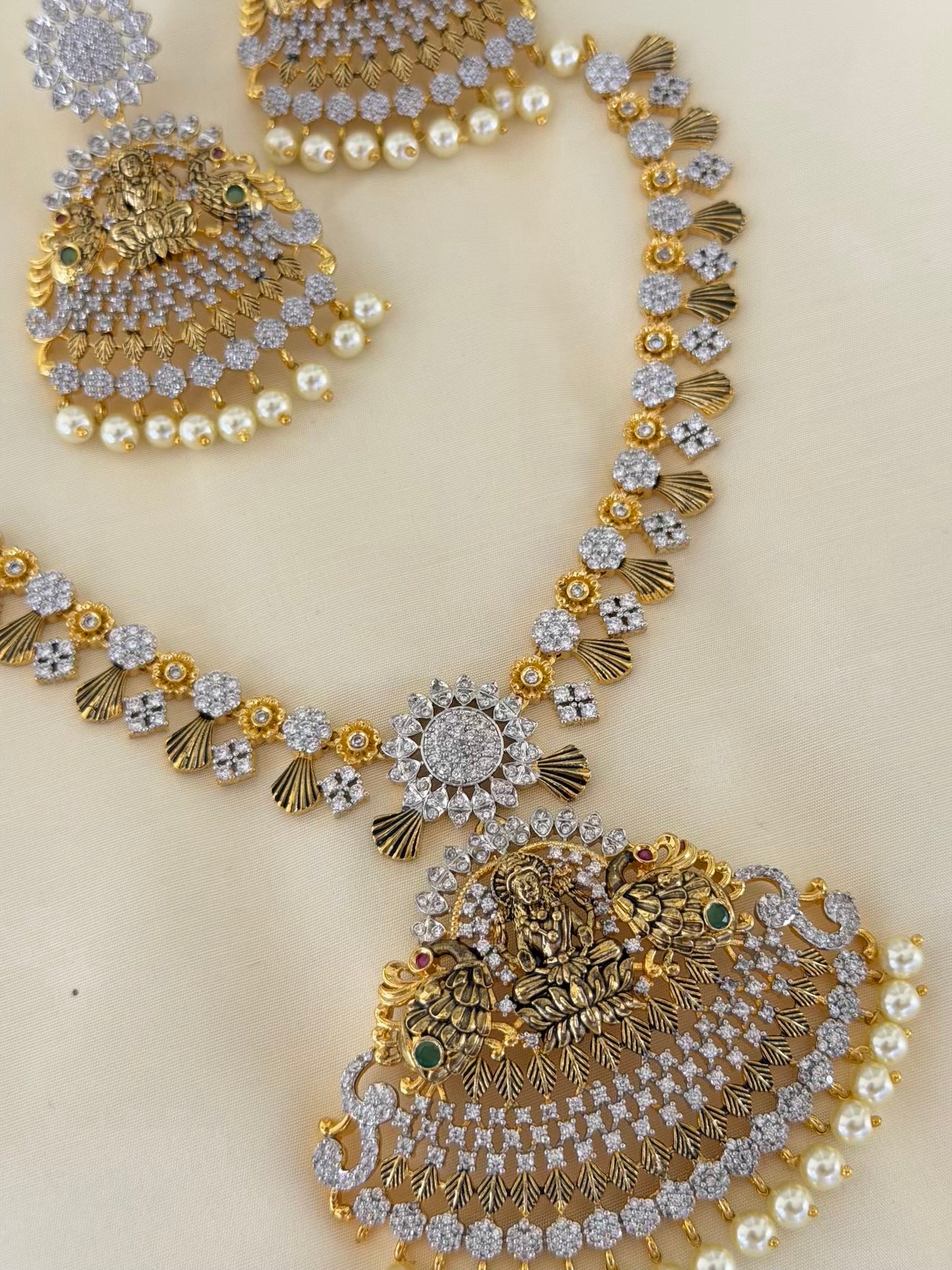 Diamond Look Lakshmi Fan Pendant Necklace Set with Matching Earrings