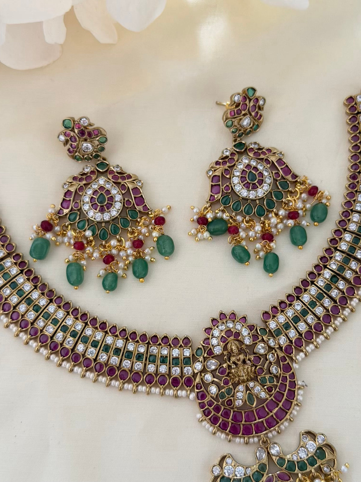 Kemp Lakshmi Choker Necklace Set with Layered Peacock Pendant and Dangler Earrings