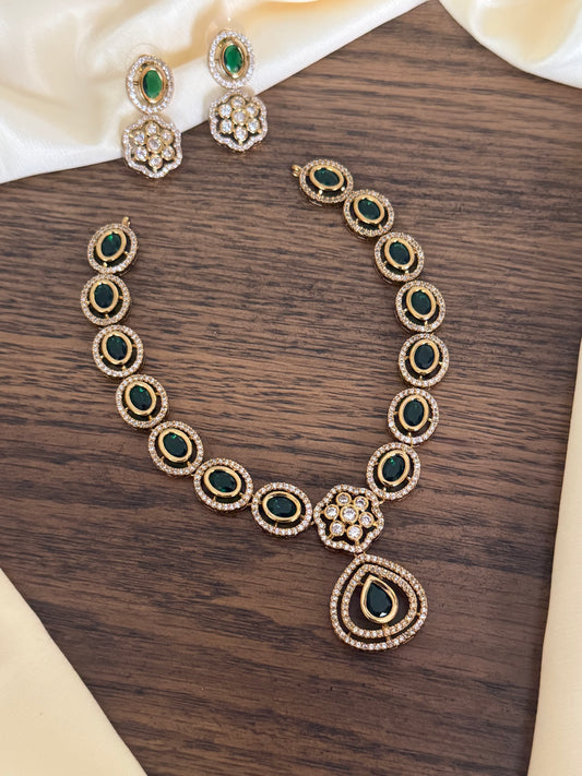 Premium Emerald Oval Stone Choker with CZ Floral Pendant